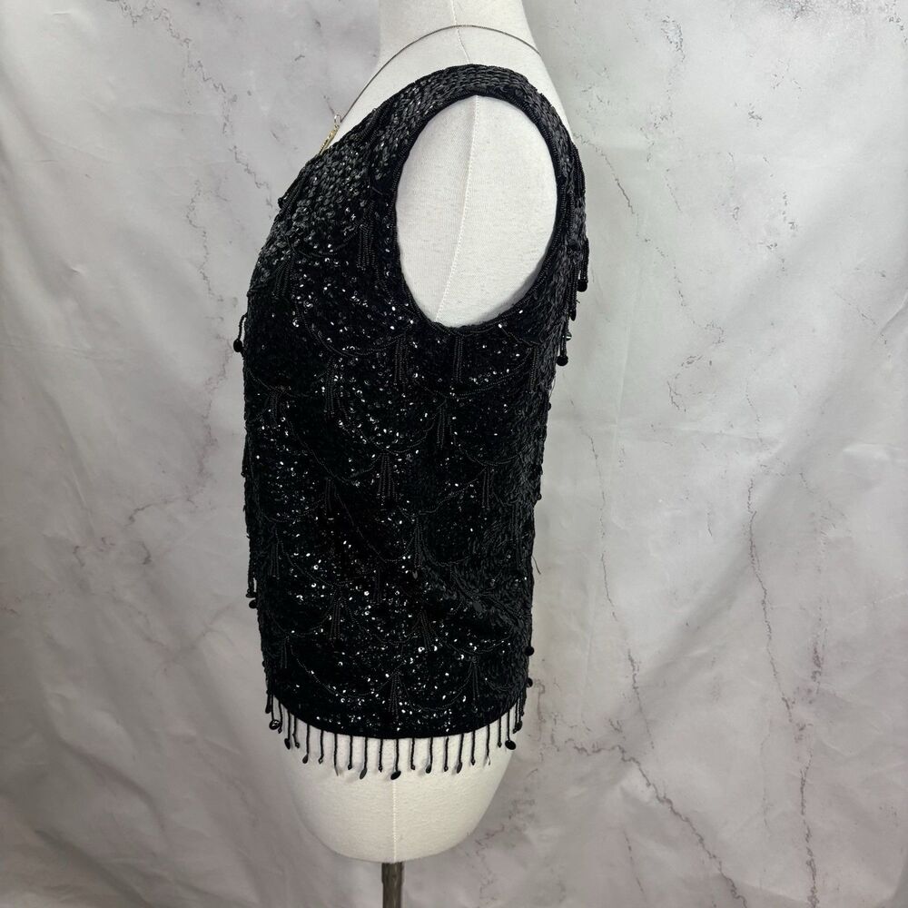 Vintage 60s Flapper Black Shiny Beaded Blouse Top Fringe Sequins Silk M Glam - Picture 15 of 16